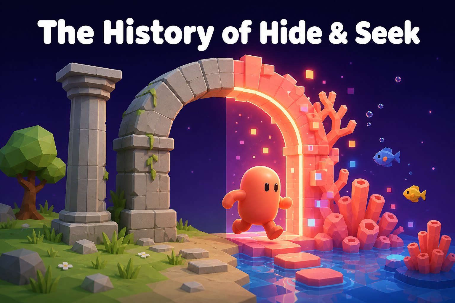 Illustration transitioning from an ancient stone archway to a glowing digital game portal, representing the history of hide and seek.