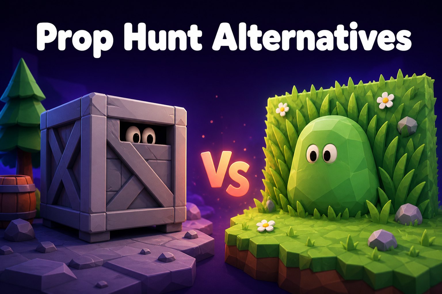 Side-by-side illustration comparing a disguised-as-object character and a color-camouflaged character, representing Prop Hunt alternatives.