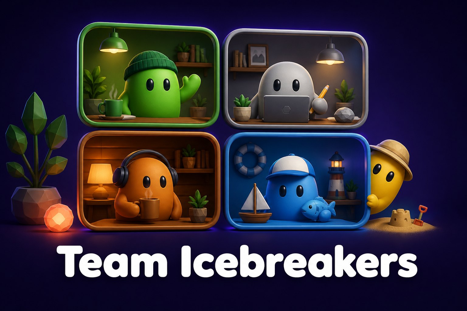 Stylized illustration of a video call grid with a playful hidden character, representing virtual icebreaker games for remote teams.
